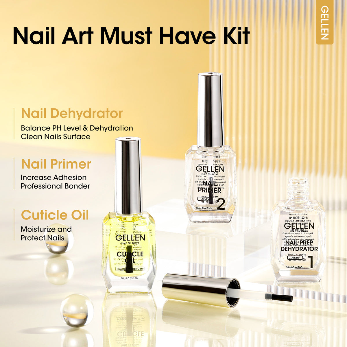 Gellen Nail Dehydrator, Primer, and Cuticle Oil 18ML - Hema-Free Acid-Free Nail Prep