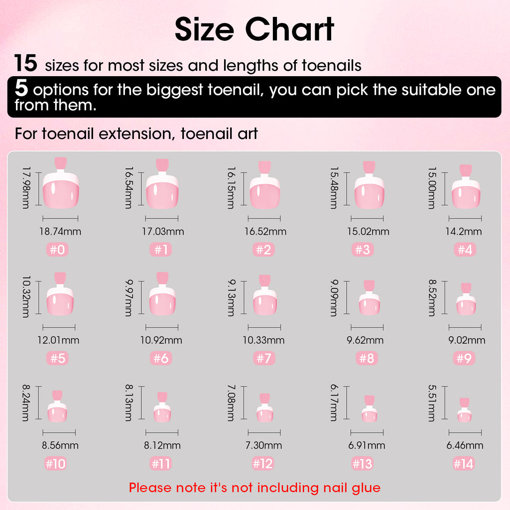 Toe Nail Tips French Press ons Short Pink 15 Sizes 240pcs