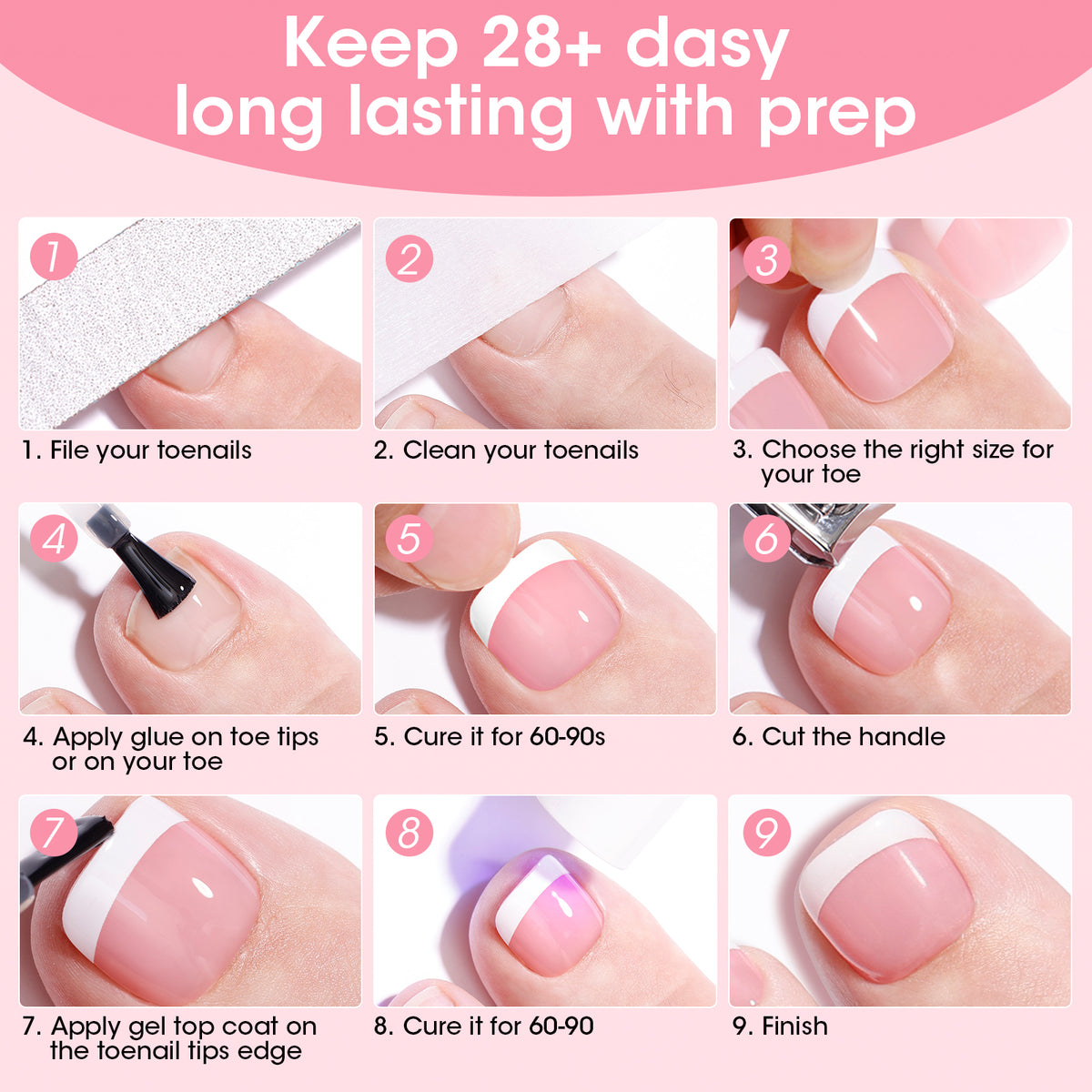 Toe Nail Tips French Press ons Short Pink 15 Sizes 240pcs