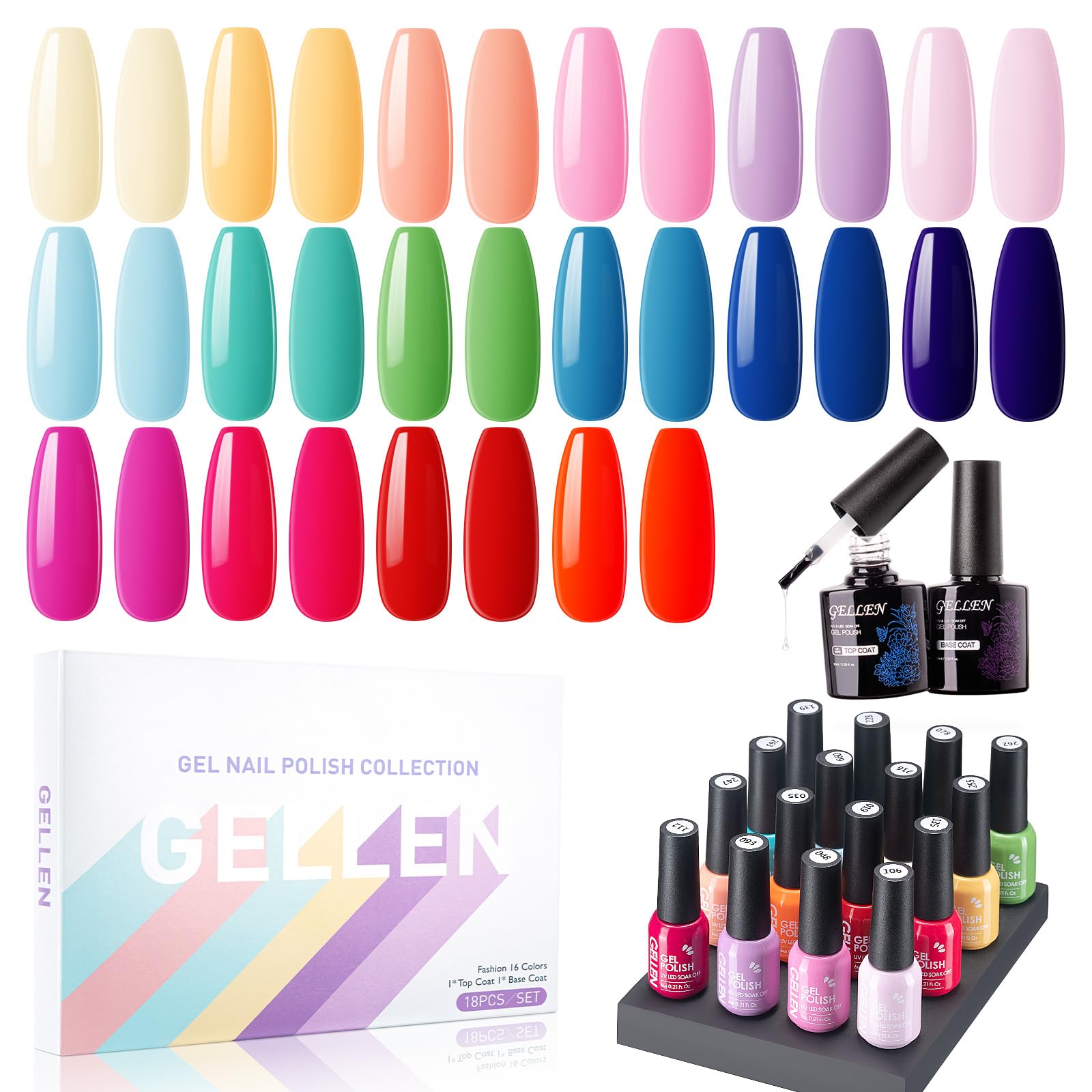 Gellen 16 Colors Gel Nail Polish Set 6ml with Base&Top Coats